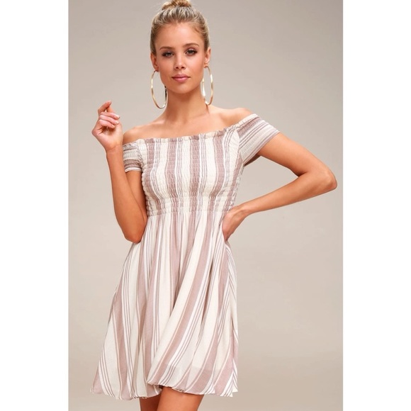 COPY - NWT Lulu’s Mauve Striped Off the Shoulder Dress - Picture 1 of 7